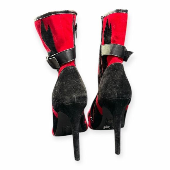 BLEONA Women’s Red Black Peep Toe Geometric Vegan Suede Heeled Ankle Boots Size - Picture 4 of 8